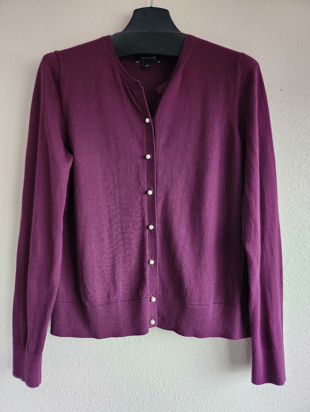 Ann Taylor Plum Pearl Button Cardigan Sweater Size L